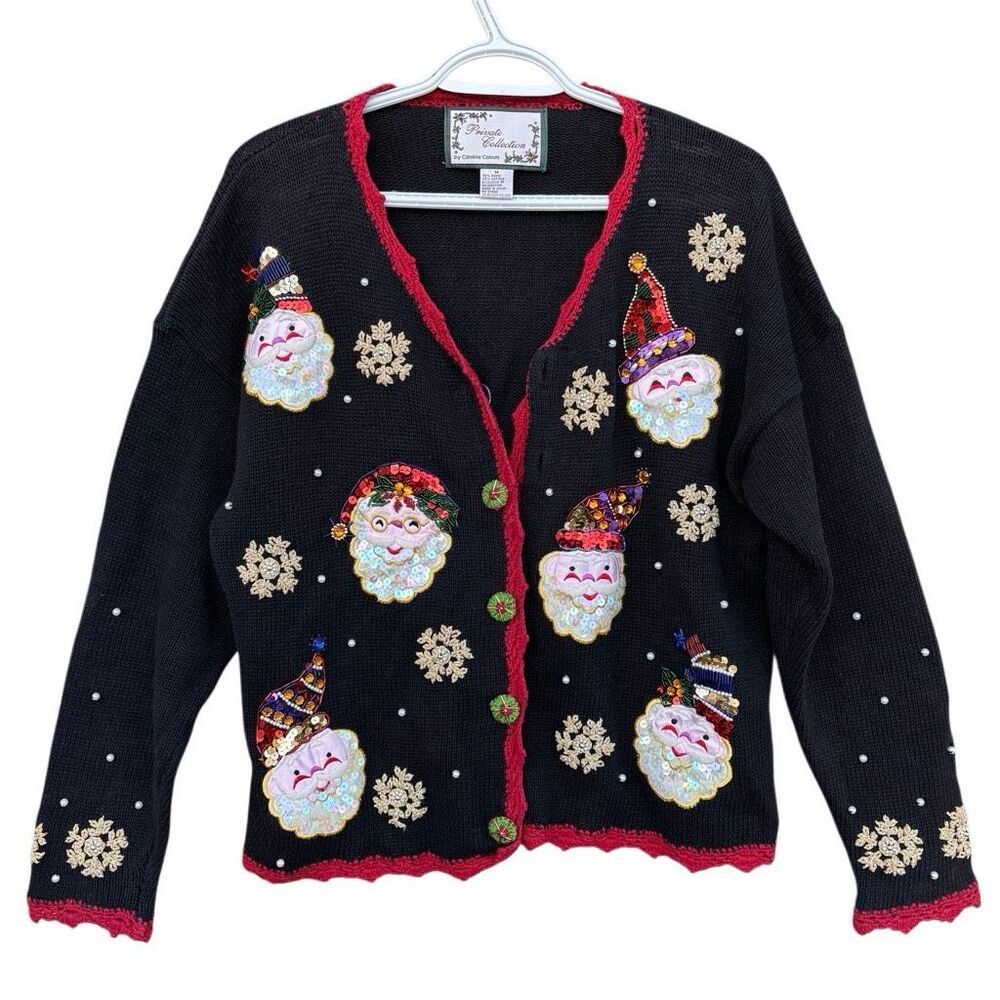 Vintage Ugly Sweater Cardigan Women Size Medium Santa Claus Beaded Sequins Trim